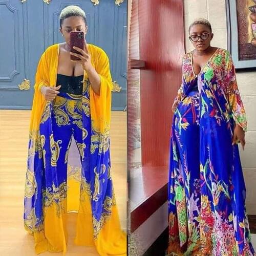 Womens African Dress Traditional Floral Printed Loose Robe Pants Set Cardigan Fashion Casual Breathable Chiffon Outfit 2021 New