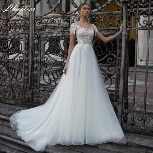 Lhuilier Womens A-line Tulle Wedding Dresses 2021 Floor Length Illusion Lace Appliques Bridal Gowns with Tassels