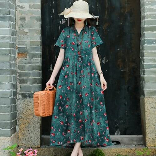 Print Floral Cotton Linen Vintage Dress 2021 New Arrival Loose Summer Dress Holiday Prairie Chic Travel Casual Women Midi Dress