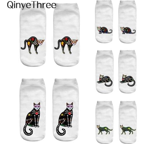 1 Pair New 3D Print Bones Heart Black Cat Halloween Horror Atmosphere Unique Temperament White Short Ankle Socks Dropshipping