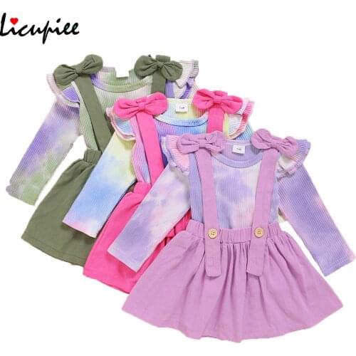 2pcs Baby Autumn Outfits, Tie-dyed O-neck Ruffle Sleeves Top + Suspenders Skirt with Bowknot Suit for Toddler Girls, 3-24 Months