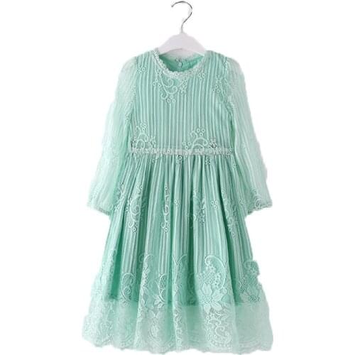 2021 Girl Long Lace Prom Dress With Sweet Flower For Age 3-12 Baby Kids Princess Dresses Green Long Sleeved Wedding Party Dress