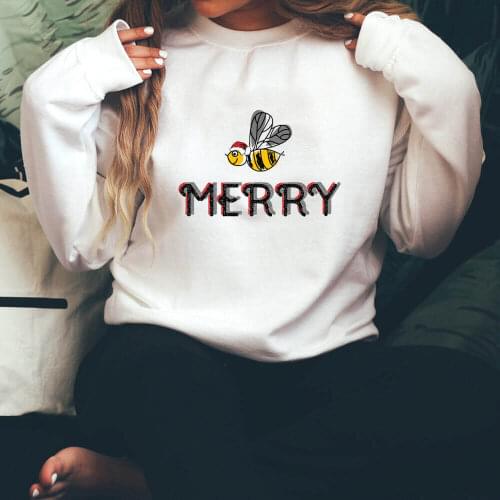 Be Merry Christmas 100%Cotton Colored Print Womens O-Neck Sweatshirts Autumn Winter Funny Casual Long Sleeve Tops Bees Top