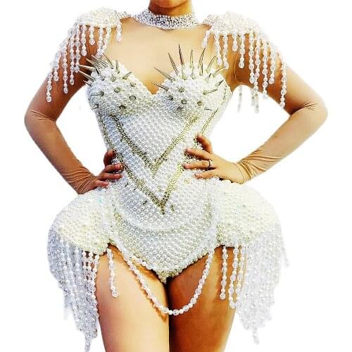 White Mesh Gauze Bodysuit Women Rhinestones Pearl Rivet Embellished Beaded Costume Nightclub Dance Show Wear Bar Club Stage