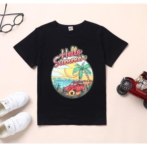 Kids Clothes Car Coconut Tree Pattern Short Sleeve T-shirts Children Clothes Cotton Teen Tops Casual Kids Summer Clothes 5-10Y