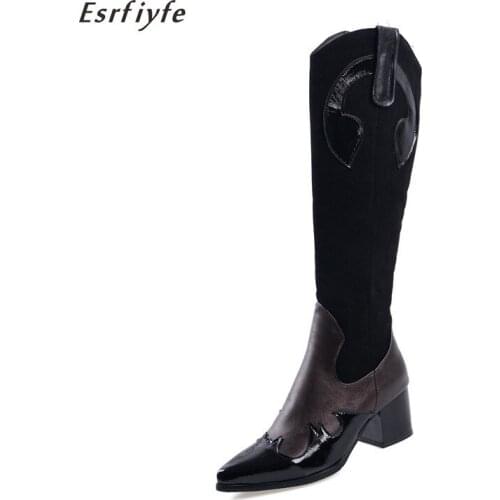 ESRFIYFE 2020 New Patent Leather Flock Luxury Shoes Design Women Knee High Boots High Heel Side Zipper Party Autumn Winter Boots