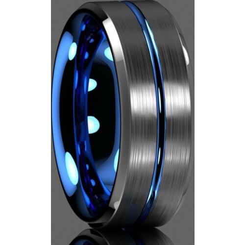 FDLK Fashion 8Mm Black Stainless Steel Ring Blue Groove Engagement Wedding Band Valentines Day Gift for Men Ring Size 6-13