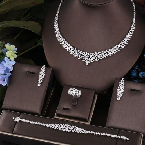 Janekelly 4pcs Bridal Zirconia Full Jewelry Sets For Women Party, Luxury Dubai Nigeria CZ Crystal Wedding necklace sets