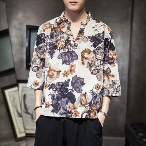 Chinese Style Cotton Linen T Shirt Men Half Sleeve Vintage Casual Men T Shirts V Neck Print Summer Fashion Kung Fu Clothes 10847