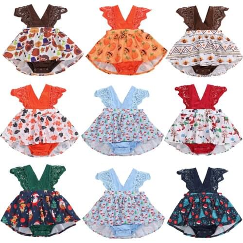 FOCUSNORM Christmas Halloween Infant Baby Girls Party Romper Dress Ruffles Lace Short Sleeve Print Jumpsuits 8 Style