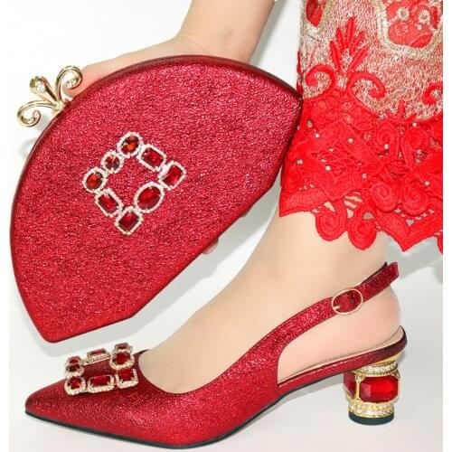 Nice looking red women pumps with crystal heel style african dress shoes match handbag set VC110,heel 6.5CM