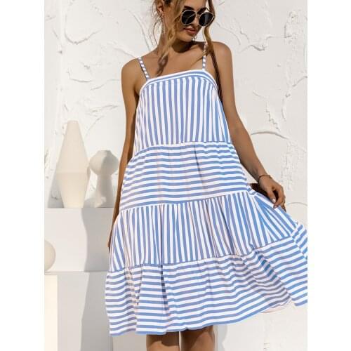 Suspender Summer Dress Stitching With Frilly Stripes Casual Spaghetti Mid-length Dress Suitable For Girls Loose Beach Skirt 2021