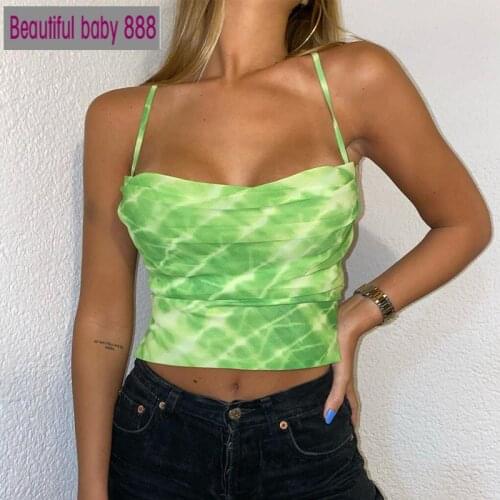 Meqeiss 2021 New Tie Dye Backless Bandage Party Tops Fashion Summer Hollow Out Sexy Camis Tops Chic Vintage Sweet Green Crop Top