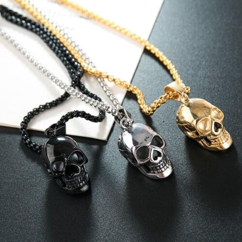 Fashion Punk Skull Pendant Mens Necklace Gold Black Silver Color Chain Link 20Inch Necklaces Cool Male Jewelry