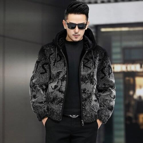 Mens fur hooded zipper wool sheep shearing letter wolf print fur coat winter thick warm jacket