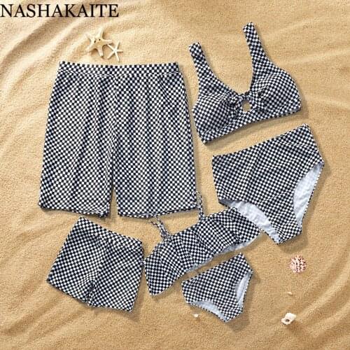 NASHAKAITE Family Swimsuits 2020 New Classic Plaid Bow-knot Swimwear For Mom and Daughter Dad and Son Beach Shorts Family Look