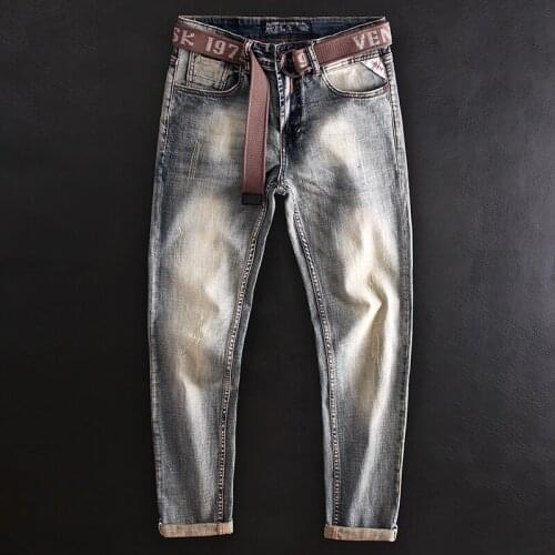 Newly Designer Fashion Men Jeans Retro Yellow Distressed Elastic Slim Fit Ripped Jeans Men Vintage Casual Cotton Denim Pants