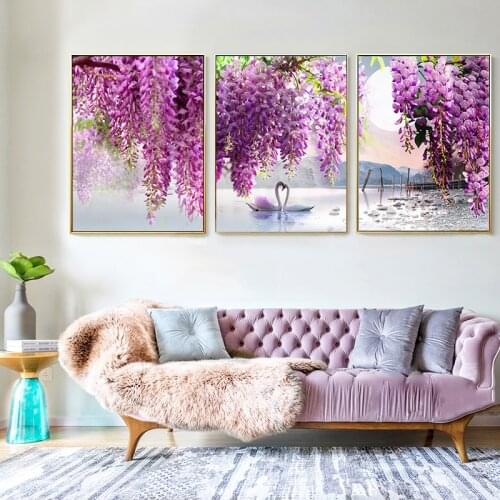 Purple Flower Tree Wall Art Swan Lake Landscape Posters and Prints Scandinavian Nature Canvas Painting Nordic Picture Home Decor