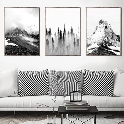Nordic Black and White Poster Snow Mountain Foggy Forest Landscape Canvas Painting Wall Art Picture for Living Room Home Decor