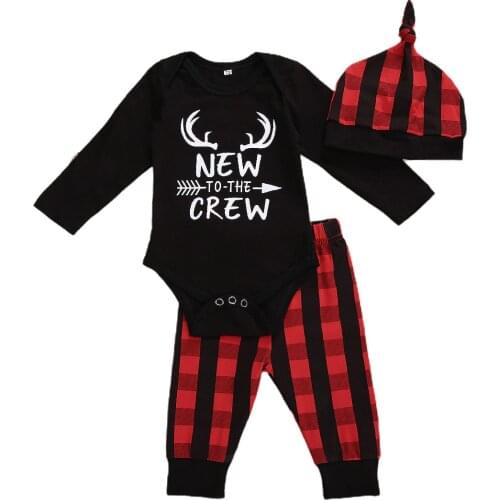 Infant Kids 0-18M Baby Girls Boys Christmas 3Pcs Set Long Sleeve Bodysuits Plaid Pants Hats Long Sleeve Outfits Set