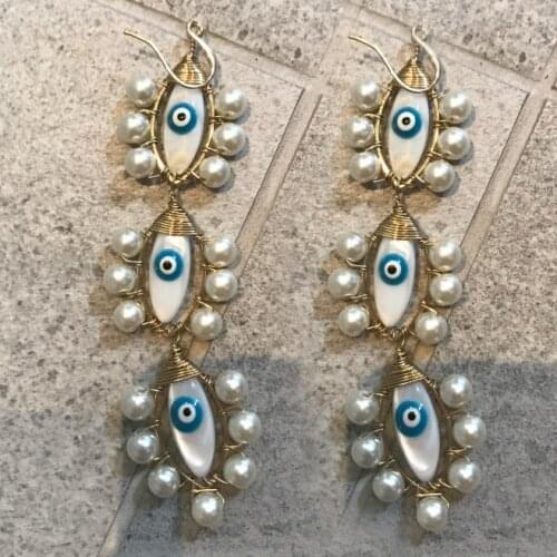 Brincos Pendiente Beck Jewels Millefiori Evil Eye Hoops Mother pearl evil eyes Gold Trio Beaded trim drop dangle earring women