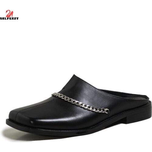 SKLFGXZY 2021 New Style Summer Women Genuine Leather Fashion Slippers with Low Metal Cowhide Slippers Womens Shoes