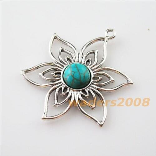 3Pcs Retro Tibetan Silver Stone Flower Charms Pendants Connectors 37.5x47mm