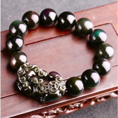 Jewelry 12MM Natural Black Obsidian Rainbow Gemstone pixiu Round Beads Stretch Bracelet
