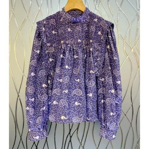 Women Shirt 2021 Early Spring New Wave Cashew Print Folds Floral Stand Collar Small Flying Sleeve Shirt Women