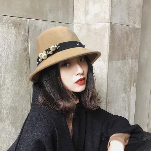 Pearls Decoration Women Fedora Hat Soft Wool Elegant Flat Top Hat Wide Brim Ladies Black Khaki Cap