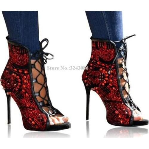 Lady New Red Rhinestone Sandals Boots Fashion Design Peep Toe Lace-up Gladiator Crystal Sandals Shoes Women Real Photos Heels