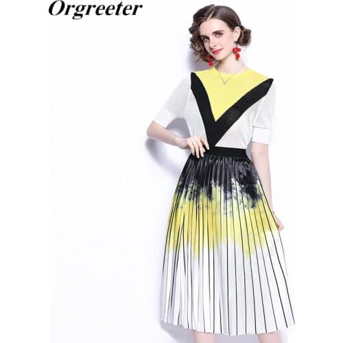Summer Elegant Pleated Tie dye Pleated Skirt Suit Two piece set female Office ladies Color contrast Knit Tops and Striped Skirt