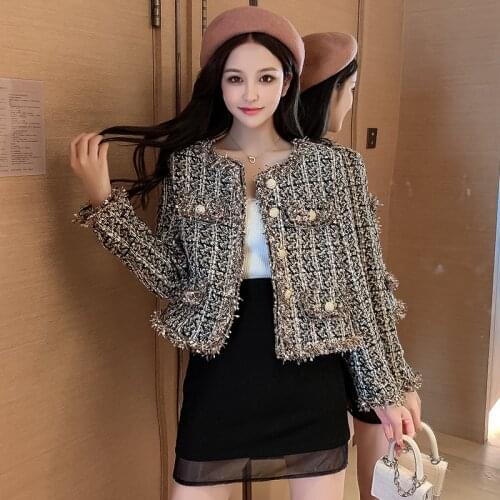 New Arrived Vintage Tweed Jacket Women Small Fragrance Woollen Short Coats Elegant Metal Button Outerwear