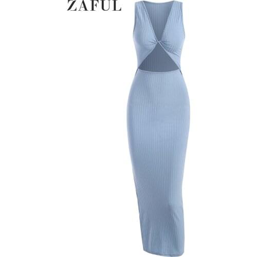ZAFUL Ribbed Twist Cutout Tank Dress Women Slim Fitness Long Bodycon Dresses Summer Beach Club Party Sexy Sleeveless Vestido
