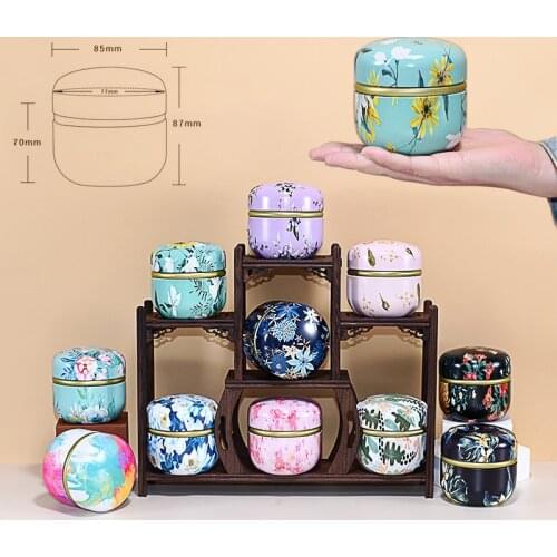 Tea Caddy Tinplate Household Sealed Tea Packaging Box Portable Japanese Style Flower Tea Round Small Tin Containers