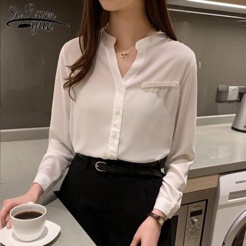 2021 Spring New Simple Solid V-neck Long-Sleeve Chiffon Blouse Female Pure White Shirt Womens Casual Loose Slim Shirt 8969 50