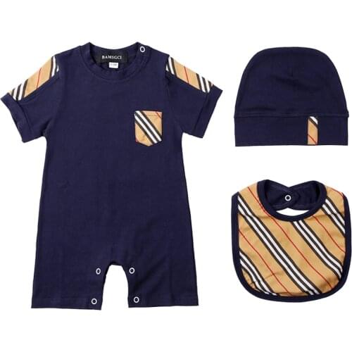 New summer fashion 3 pcs newborn baby clothes Plaid stripes cotton Long sleeve new born baby boys girls rompers Bibs hats sets