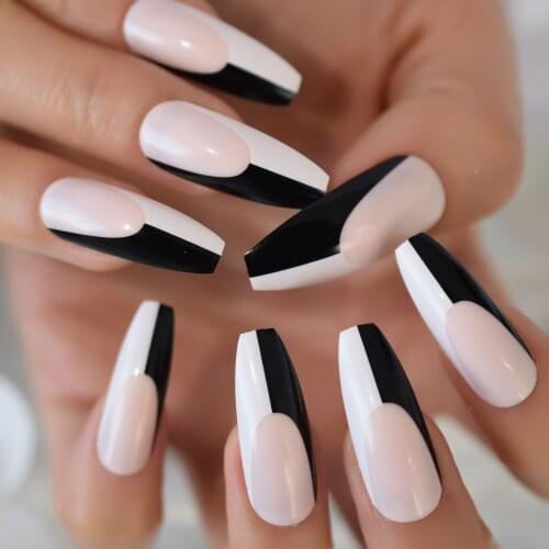 Long Artificial Coffin False Nails Pre Designs Irregular Pattern French Nail Art Full Cover Glossy Press On Fake Nails