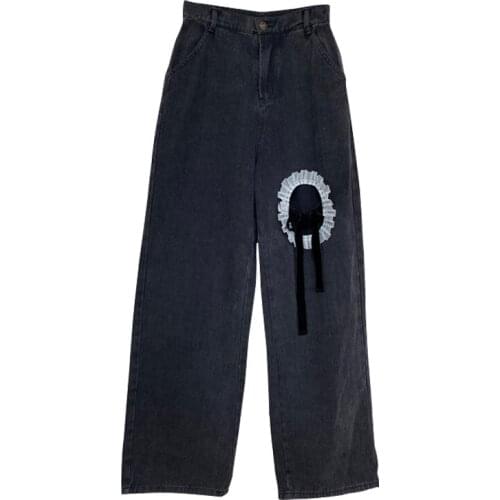 JMPRS Harajuku Black Women Jeans Autumn High Waist Fashion Hole Bow Thin Denim Pants Straight Streetwear Female Baggy Jean 2021