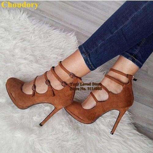 Choudory Brown Sude Stiletto Heel Pumps Buckle Strap Elegant Banquet Shoes Thin High Heel Gladiator Shoes Size47 Dropship Shoes