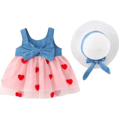 Citgeett Summer 0-3Y Princess Baby Girls Lace Tutu Dress+Hats 2pcs Denim Lace Patchwork Heart Printed Sleeveless Sundress