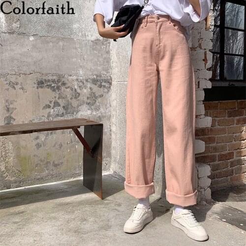 Colorfaith New 2020 Autumn Winter Women Pants High Waist Straight Pockets Fashionable Wild Wide Leg Ankle-Length Trousers P6381