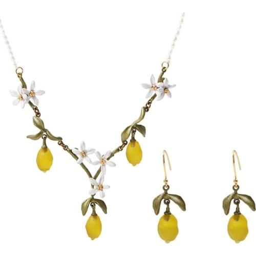 CSxjd New Genuine bronze Natural pearl Resin lemon necklace and earrings Womens wedding accessories