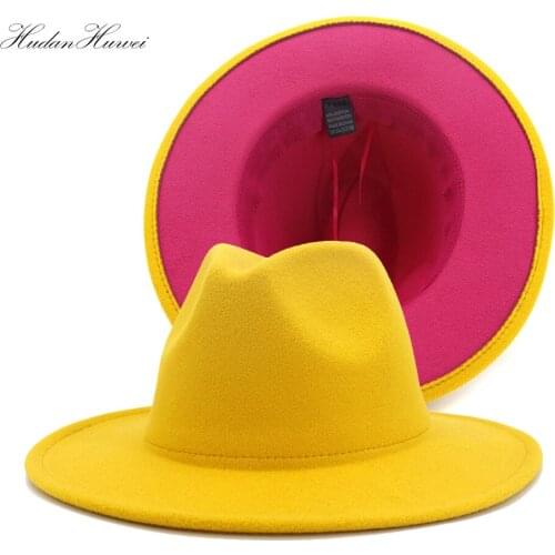 Autumn Winter British Style Men Women Patchwork Yellow Rose Red Jazz Panama Woolen Felt Fedora Hat with Flat Wide Brim