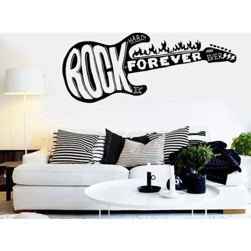 Guitar Wall Decal Music Rock Forever Guitar Fire Vinyl Wall Stickers Quotes for Home Bedroom Decor Removable Art Mural C413