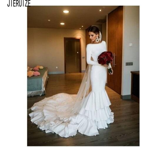 JIERUIZE Simple Long Sleeves Wedding Dresses Scoop Neck Zipper Back Tiered Mermaid Bridal Gowns Bride Dresses Vestido De Noiva