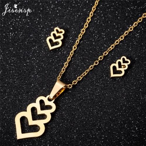 Jisensp Romantic Peach Hearts Stainless Steel Women Jewelry Set Hollow Heart Necklace Earrings for Women Lovers Valentine Gift