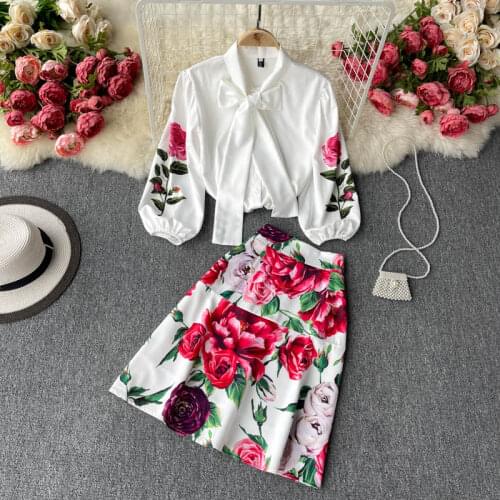 Summer Runway Design Elegant Flower Printted Shirt Skirt 2 piece Set Female Bow collar Shirt + A-line Skirt Suits Office Outfits