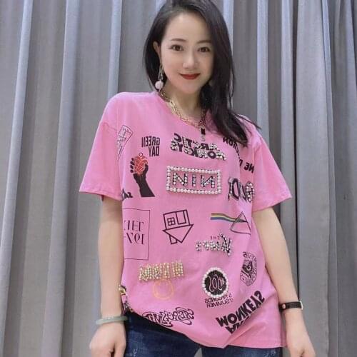 Summer Casual Pearl and Diamond T Shirt For Women Street Style Letters Round Neck Loose T-shirt For Young Girl