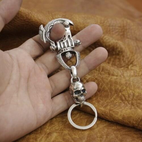 Huge Helmet Skull KeyRing 925 Sterling Silver Mens Biker Punk Keychain 8J035
